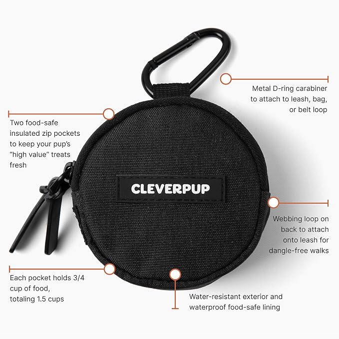 Cleverpup Snackpack Double Insulated Dog Treat Pouch – 1.5 Cup Capacity, 2 BPA-Free Waterproof Zipper Pockets, Carabiner for Belt/Leash – Compact Training & Travel Bag – Graphite