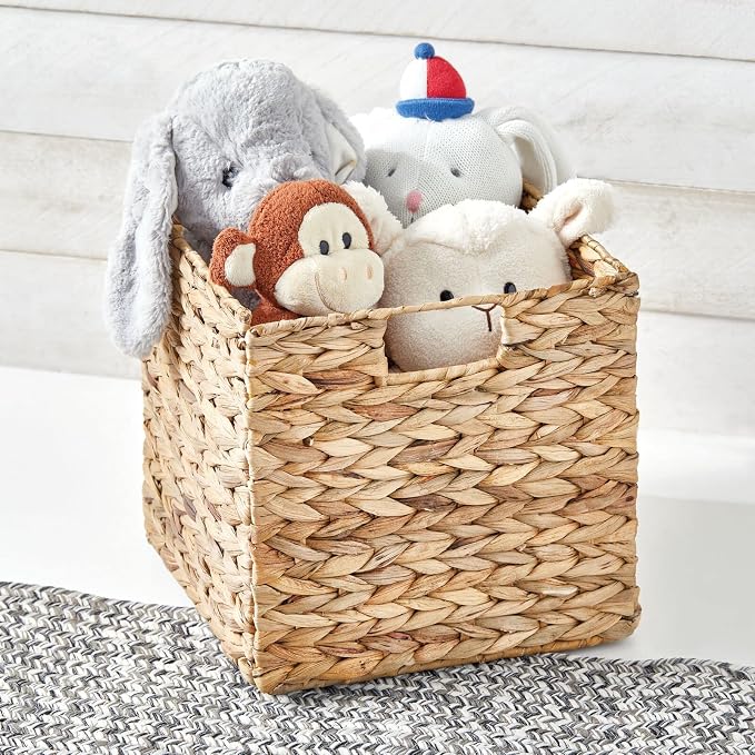 mDesign Natural Woven Hyacinth Cube Organizer Basket with Handles, Storage for Bathroom, Laundry Room Shelf or Nursery - Perfect for Cubby Storage Units - Hold Blankets and Books - 4 Pack, Natural/Tan