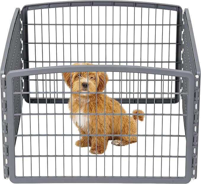 IRIS USA 4-Panel Dog Playpen, Pet Enclosure, Dark Gray | Puppy Training, Flexible Boundary, Configurable Layout, Multi-Shape Setup, Tool-Free Assembly, Stable Non-Tip Base