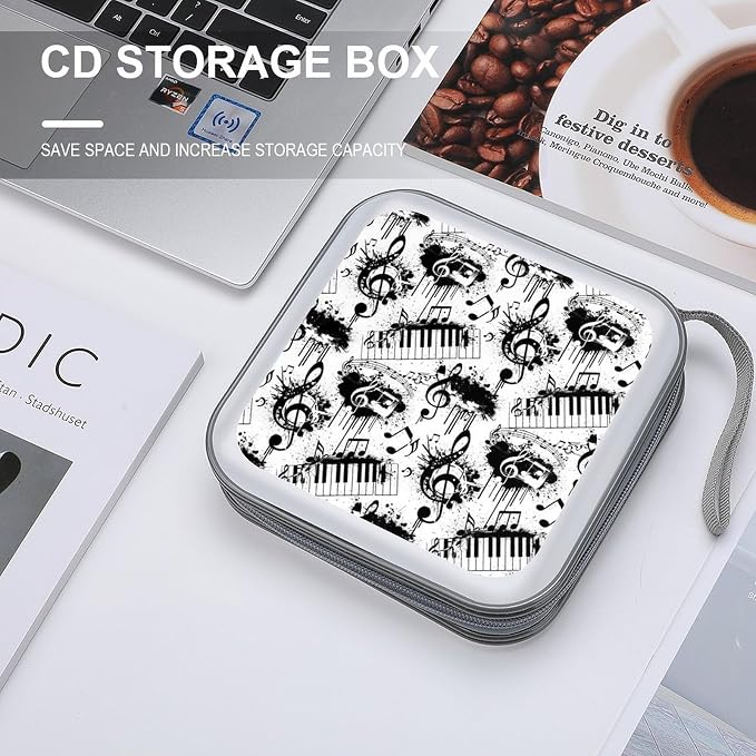 40-Capacity DVD CD Storage Wallet Abstract Music Note Piano, Heavy-Duty Hard Shell Binder, Portable Organizer with Strap for Car Travel