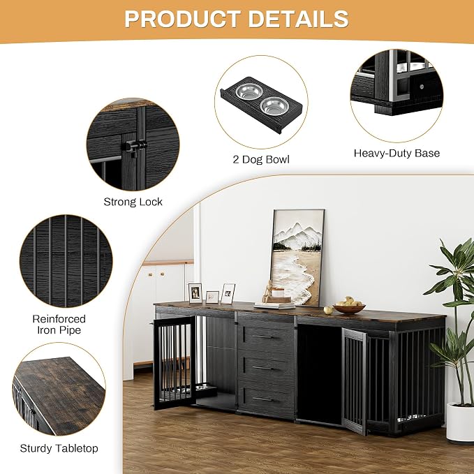 OUYESSIR 94.5" Double Dog Crate Furniture for Medium Large Dogs, Black | Extra large dog kennel fits 2 Medium or large dogs, 3 Storage Drawers, 4 removable Stainless steel dog bowls, Solid Wood