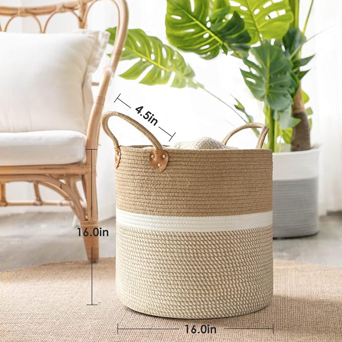 CHICVITA Large Wicker Storage Basket with Leather Handles, 16" x 16", White | Decorative Woven Basket for Toys, Shoes, Blankets & Laundry Storage, Living Room & Bedroom Organizer, Indoor Plant Basket