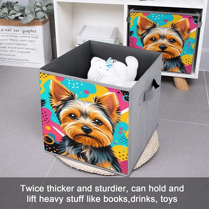 Yorkie Dog Art Storage Bin with Handles, Oxford Fabric Foldable Storage Cube Organizer for Clothes, Towels, Bedroom, Living Room, Home Organization