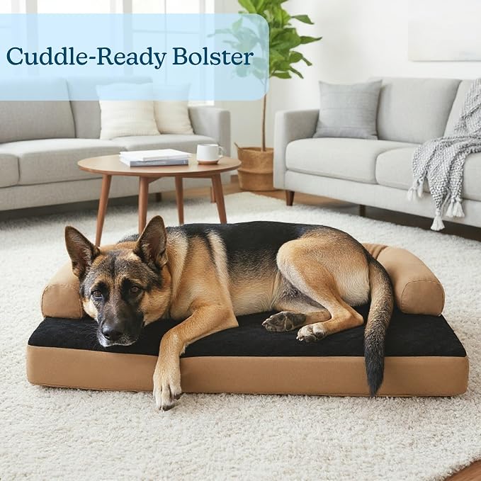 PETMAKER Extra-Large Dog Bed – 45.5 x 32 Pet Bed - 3-Layer Orthopedic Dog Sofa with Cooling Gel, Memory Foam and Neck Bolster (Tan/Black), XL