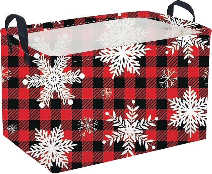Rectangular Christmas Baskets,Snowflakes Basket Empty,Waterproof PE Coating Cute Bins for Kids with Handles,Gifts Baskets,Books Bin. (Red snowflakes)