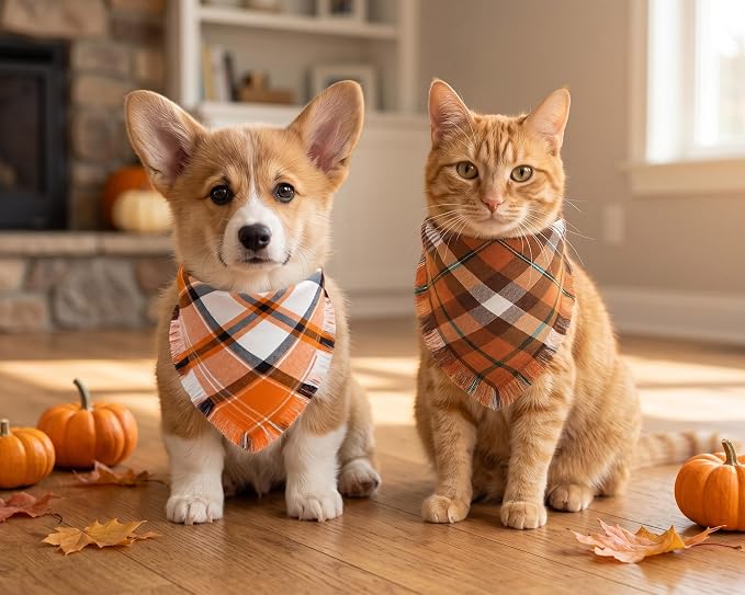 Fall Dog Bandanas 2PCS Small Orange Plaid Pet Scarf Tassels | Fall plaid dog bandanas with tassels,perfect for Halloween,Thanksgiving parties,photo shoots.Fits small dogs & cats.