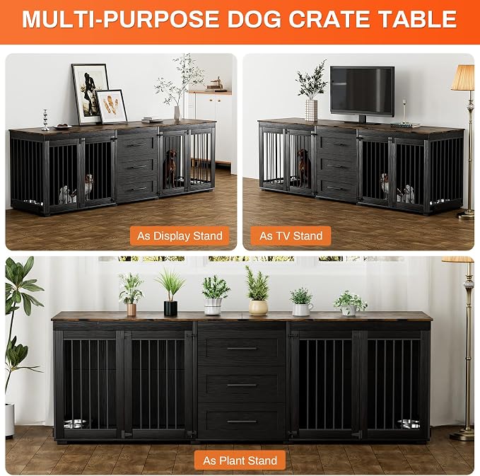 Rophefx 94.5" Dog Crate Furniture for 2 Dogs, Wooden Kennel TV Stand,Black | Indoor double dog house with 3 storage drawers, 4 feeding bowls, lockable doors, and a wide top for large and medium dogs