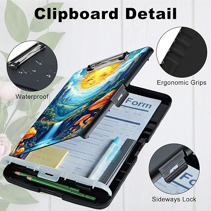 A4 Clipboard with Storage Pen Holder, Clipboards Organizer Nursing Clipboard Foldable File Folder Plastic Clipboard Folio Clip Board for Office Work Classroom Doctor, Stream Sun Mushroom