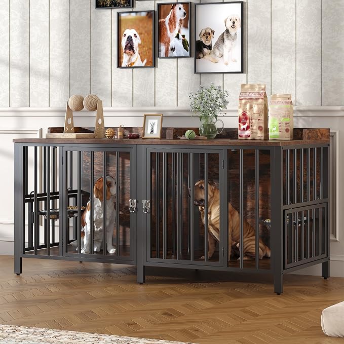 BOINN 63 Inch Dog Crate, Large Dog Crate for 2 Dogs, Dog Kennel Indoor for Medium/Small Dogs with Top Access Door, XL Wooden Dog Cage with 360 Degree Rotatable Stainless Bowls, Heavy Duty Steel Frame