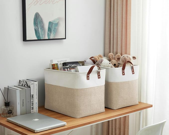 DECOMOMO Fabric Storage Bins, Extra Large Storage Baskets with Handles | 3 Pack Storage Baskets for Shelves, Laundry, Toys, Nursery (Beige & White)
