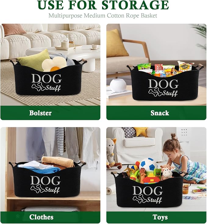 Medium Woven Dog Toy Basket,Dog Stuff Organizer,Collapsible Dog Toy Bin with Wood Handles,Rectangle Puppy Toy Storage Basket,Dog Organizer for Dog Toys,Collar,Leash,Blankets-Black | 100% Cotton Rope Basket with Wood Handles, Dog Organizer for Dog Toys,...