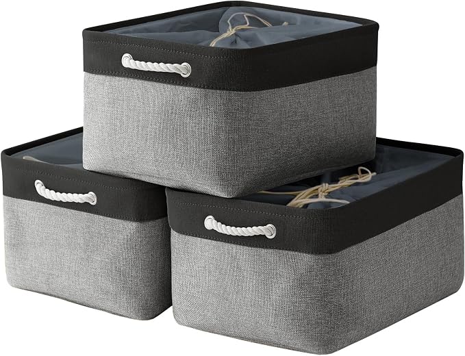 Organization and Storage Basket for Organizing - 17x14x10 inch Large 3 Pack Collapsible Storage Bin for Shelves, Fabric Basket for Gifts Empty Organizer Gift Closet (Black & Grey)