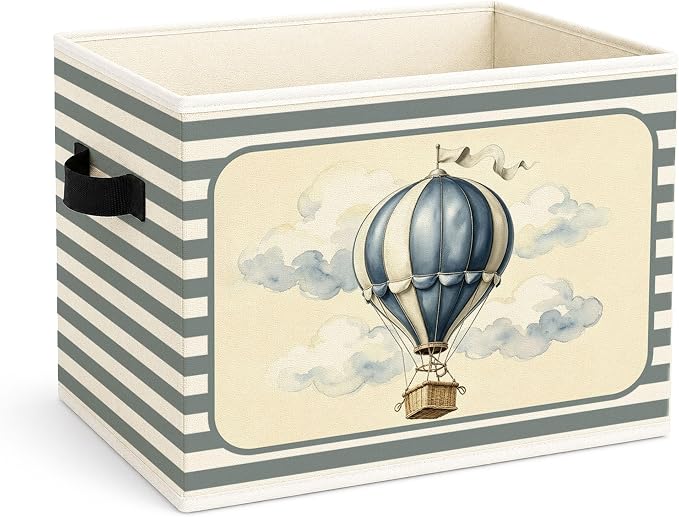 Hot Air Balloon Storage Bin, Blue Gray Stripe Foldable Fabric Basket | Foldable hot air balloon fabric organizer for nursery, bedroom, playroom, toys, books, and clothes