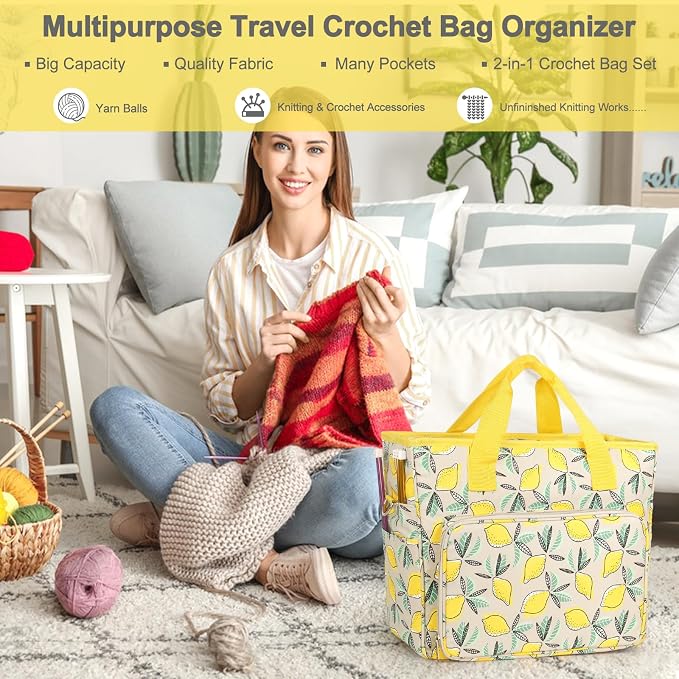 Katech Yarn Storage Bag Large Capacity Crochet Bag Organizer for Crocheter | Yarn Organizer Crochet Tote Bag for Carry Projects Crochet Supplies Knitting Accessories, Yarn Storage Bag w/ Shoulder Strap