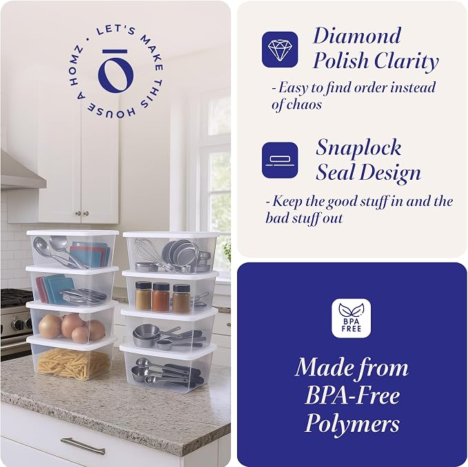 HOMZ Clear Plastic Storage Bins w/Snaplock Lids, 6 Qt, White, 10 Pack | Stackable Container Set for Home, Office Shelves, Kitchen, Garage, and Bathroom Organization