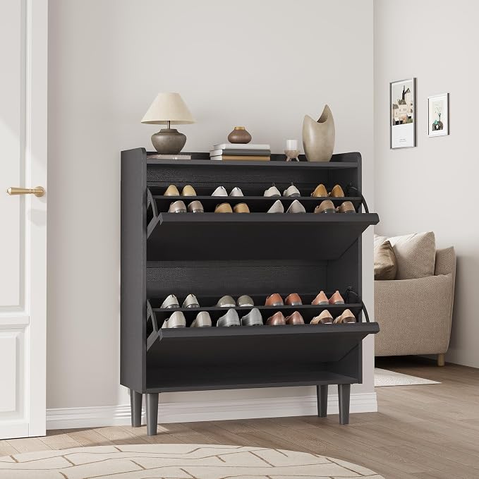 GarveeHome Shoe Cabinet with 2 Flip Drawers, Wooden Shoe Organizer Cabinet with Adjustable Shelf, Shoe Storage for Entryway, Hidden Shoe Cabinet for Hallway, Living Room, Black