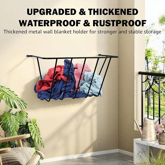 Extra-Large Black Metal Wall Mount Rack for Blankets & Towels | Sturdy black metal wall mount rack, 29.5"x21.7"x13.8", holds a lot. Space-saving. Rust-proof, waterproof, safe rounded edges.