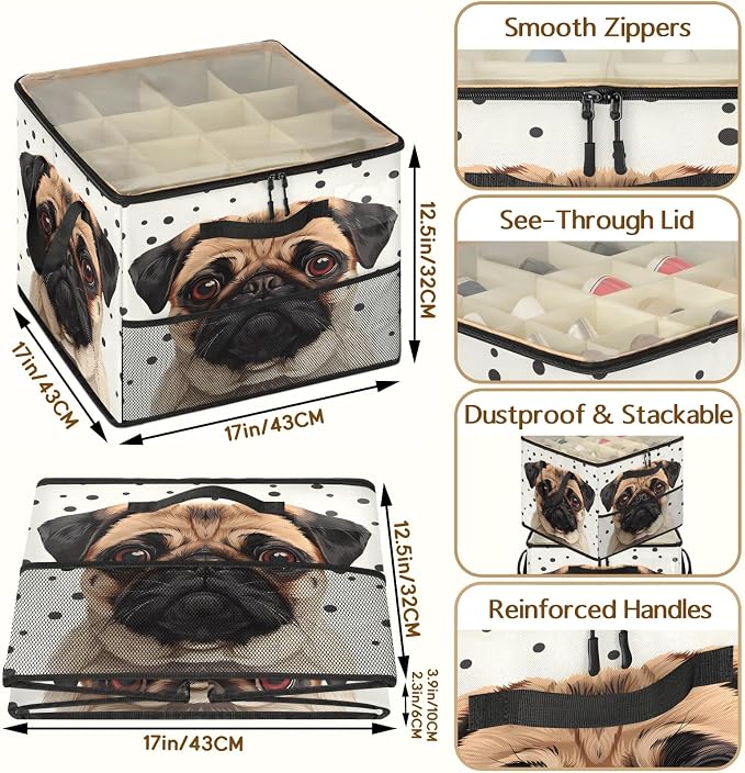 TropicalLife Polka Dots Pug Dog Shoe Organizer for Closet | Foldable Shoe Storage Box Bin 16-32 Pair Shoe Storage for Sneakers, Boots & Heels with Adjustable Dividers, Clear Cover