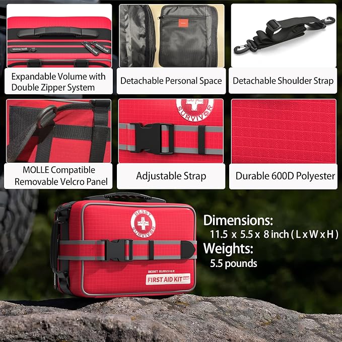 Besst Survivor 401 Pieces First Aid Kit with 2 Chest Seals & Israeli Bandage -Waterproof, Expandable Trauma Bag for Home, Car, Camping, Outdoor Emergency (Labeled Compartments, MOLLE Mountable)