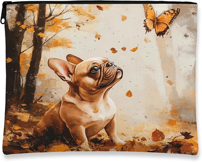 Fall French Bulldog Dog Makeup Bag, Funny Autumn Forest Printed Cosmetic Travel Pouch for Women Girls, Pet Portable Small Canvas Zipper Organizer 7x9 Inch