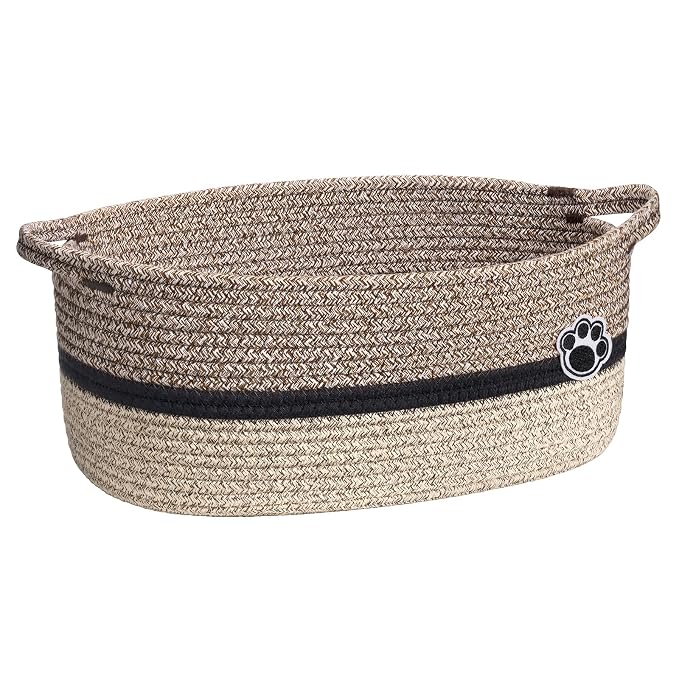 Medium Woven Rope Dog Toy Basket with Paw Print, Brown Mixed | 13.6"x 10" x 6", Dog Toy Bin & Box With Handles, Gift Basket for Pet Cat, Storage Basket for Baby Shower, Closet, Living Room