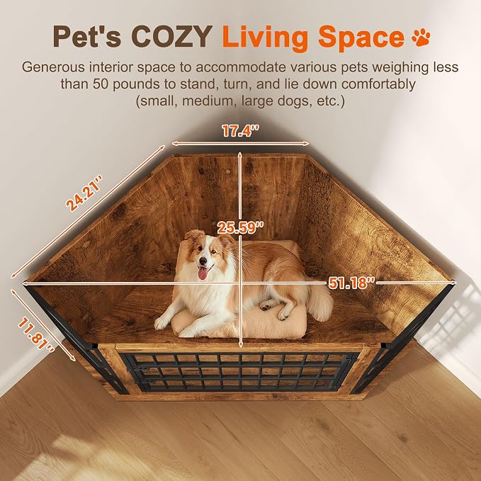 51" Corner Dog Crate Furniture Large Wooden Dog Kennel Indoor Dog House | With 2-Tier Shelves, Large Storage Space, Space-Saving Design, Multi-functional Pet House, Sturdy & Secure, Easy Assembly