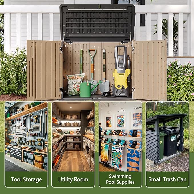 Aoxun Outdoor Storage Cabinet 35 Cu.Ft Outdoor Trash Can Storage Shed,Brown | Waterproof Horizontal Storage Shed Outdoor Storage for Garbage Bin, Generator, and Lawn Mower