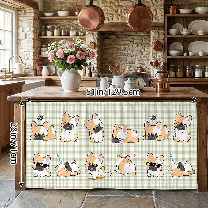 Cute Puppy Cabinet Curtains 28"x51" Sink Skirt for Bathroom Kitchen, Sage Green Plaid Modern Funny Dogs Pet Self Stick Adhesive Under Desk Covers Tall Laundry Cabinet Storage Organizer