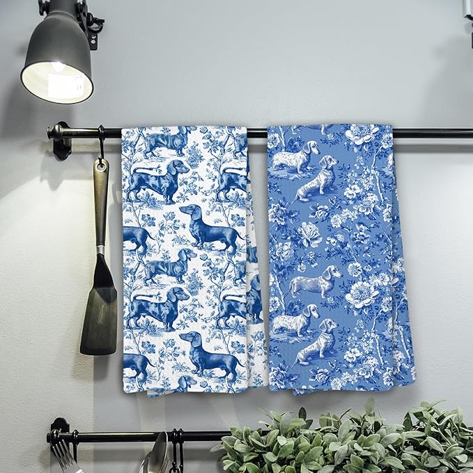 Blue and White Chinoiserie Dachshund Flower Kitchen Towels,Dachshund Weiner Dog Lover Gifts for Women Mom Dish Towels,Botanical Weiner Dog Hand Towel Decorative Set Home & Kitchen