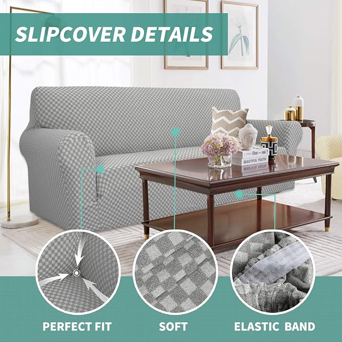 YEMYHOM Couch Cover Latest Jacquard Design High Stretch Sofa Covers for 3 Cushion Couch, Pet Dog Cat Proof Slipcover Non Slip Magic Elastic Furniture Protector (Large, Light Gray Checkered)