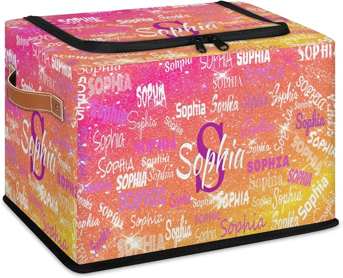 Personalized Foldable Storage Basket with Name, Zipper Lid Laundry Hamper Dirty Clothes Pet Toys Storage Bin for Shelf Home Closet Kitchen, Gradient Red Orange Yellow Glittering Galaxy