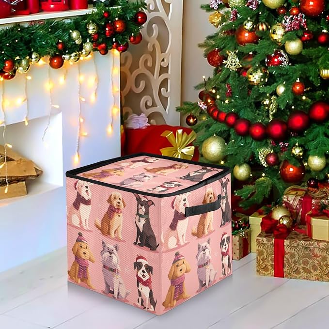 OTVEE Christmas Ornament Storage Box Holiday Decoration Organizer Stores upto 64 Holiday Ornaments Adjustable Dividers Tear-Proof Fabric Festive Pet Pattern