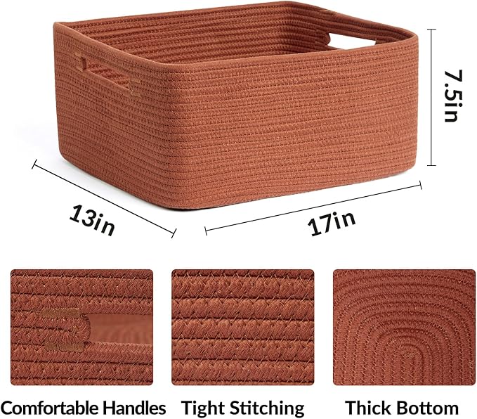 MiniArk Large Storage Baskets for Organizing, 17 x 13 x 7.5” Closet Shelf Baskets for Clothes Blanket Towels, Baby Nursery, Toy Bins Box, Woven Rope Baskets, 4 Packs Oxide Red