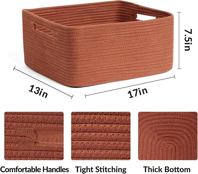 MiniArk Large Storage Baskets for Shelves, 17 x 13 x 7.5” Closet Organizers Bins for Clothes Blanket Towels, Baby Nursery, Toy Baskets Box, Woven Rope Baskets, 2 Packs Oxide Red