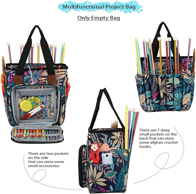 Yarn Knitting Storage Tote-Large Capacity Crochet Organizer Portable Travel Bag with Shoulder Strap Crochet Hooks Case for Unfinished Bulk Project