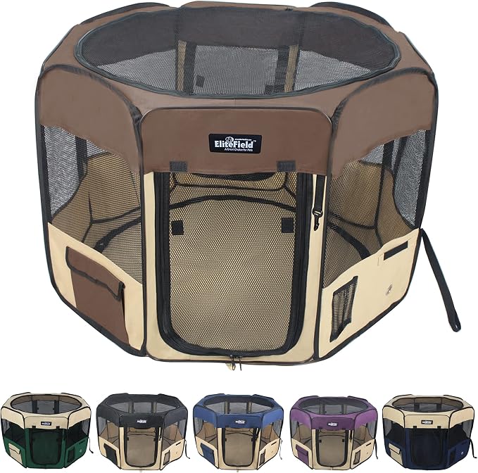 EliteField 2-Door Soft Pet Playpen for Dogs and Cats (2-Year Warranty) | 600D Fabric, Washable Floor Mat & Top Cover, Indoor/Outdoor, Carrying Bag, Ground Stakes, Zipper Locks