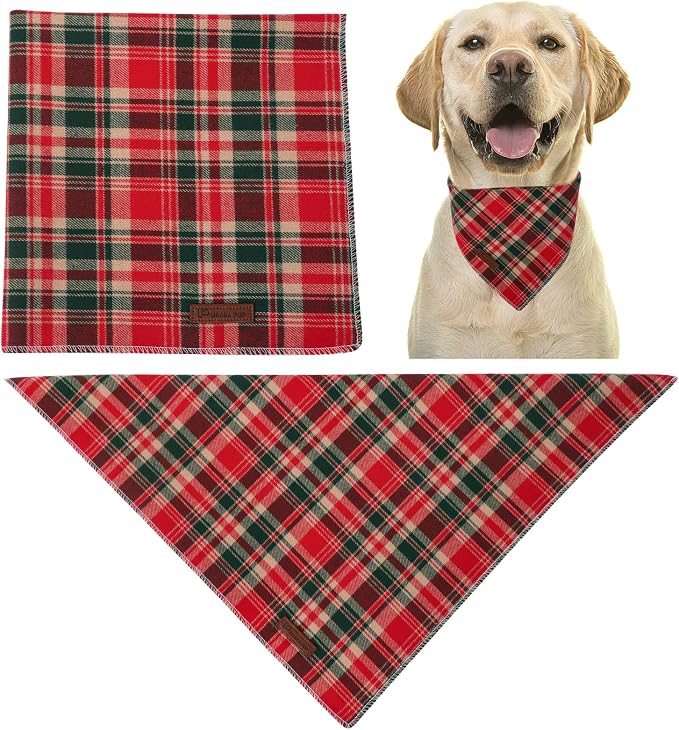 Christmas Plaid Dog Bandana–Red and Green Checked Triangle Scarf for Small Medium Large Dogs, Soft Cotton Pet Bib for Winter & New Year, Adjustable Dog Kerchief