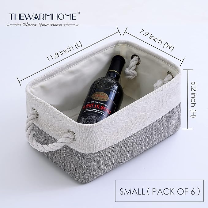 Small Storage Baskets for Organizing,Storage Baskets for Shelves,Small Fabric Storage Bins W/Handles For Closet Nursery Toy Decorative Foldable (White&Grey, 11.8L*7.9W*5.2H-6 Pack)