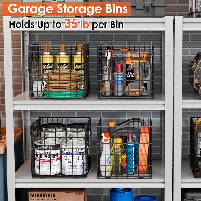 Cidaziya 4-Pack Metal Storage Crates, 32QT Stackable Collapsible Storage Bins with Handles, Black Heavy Duty Milk Crates for storage, Car, Garage, Home, Camping, Office