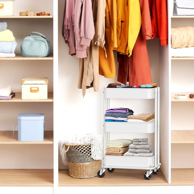 Simple Houseware 3-Tier Utility Cart, Low 24" Height Fits Under Desk, White | Compact & Lower Height Great for Under-Desk Space-Saving Storage for Home Office, Dining Room, or Kitchen