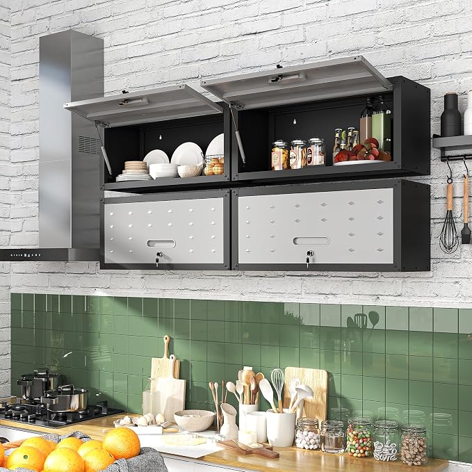 Metal Storage Cabinet for Garage, Tool Cabinet, Utility Cabinet | Wall Mounted, Hanging Tool Cabinet, Lockable, Flip-up Cabinet Door, Assembly Required, Black & Grey