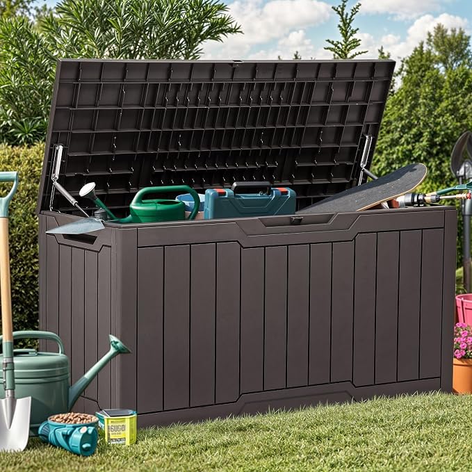 YITAHOME 80 Gallon Resin Deck Box | Weather Resistant Outdoor Storage Box, Lockable Indoor Outdoor Storage for Supplies and Essentials, Dark Brown