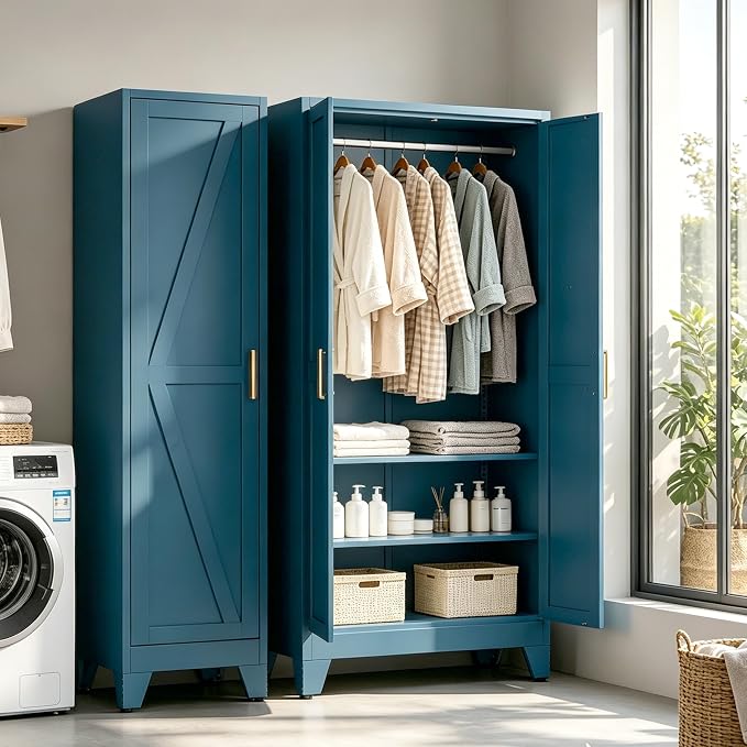 71" H Metal Storage Cabinets,Garage Cabinet,Broom Closet Storage Cabinet,Blue Storage Cabinets,Utility Cabinet