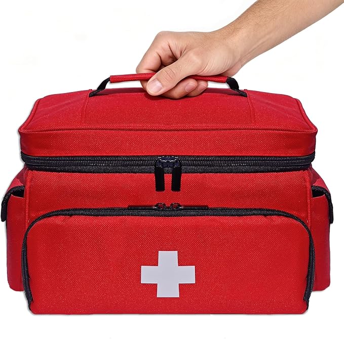 Small First Aid Bag Empty Medical Bag Red Pill Bottle Organizer Case, Portable Emergency Bag Travel Medicine Kit Storage 12" x 9" x 7" First Aid Box for Car, Home, Office, Dorm, Camping (Red)