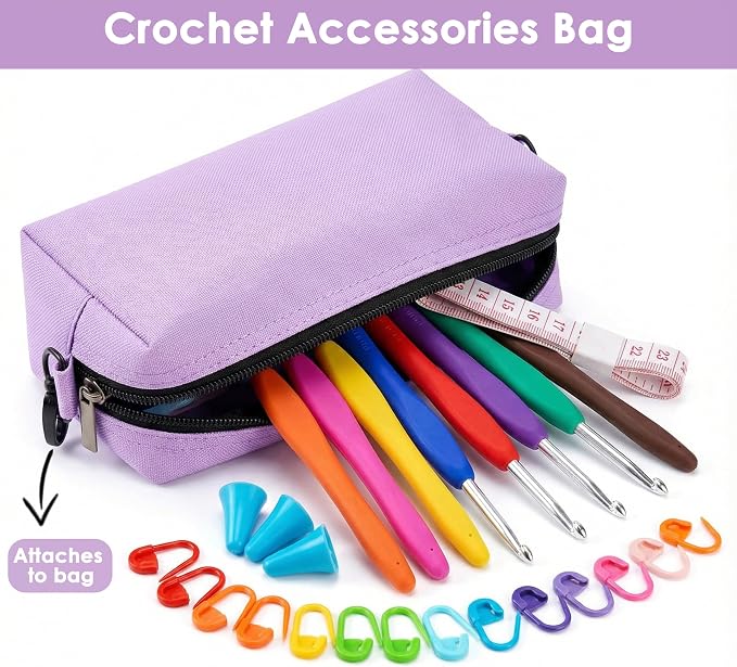 FEILOONG Yarn Bag Organizer, Expandable Crochet Knitting Storage, Purple | Large Capacity, Portable with shoulder strap, Durable Fabric, Multiple Pockets, Expandable, Come with Accessories Case