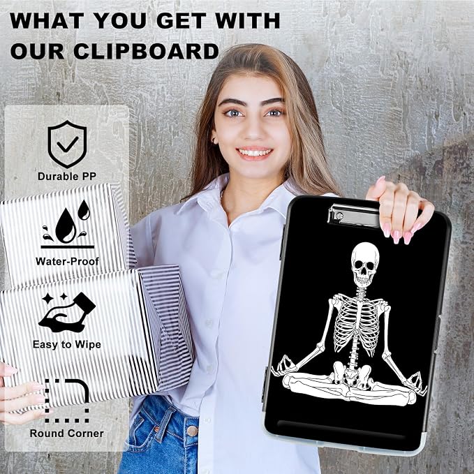 Sitting Skull A4 Clipboard with Storage Pen Holder, Clipboards Organizer Nursing Clipboard Foldable File Folder Plastic Clipboard Folio Clip Board for Office Students Classroom Doctor