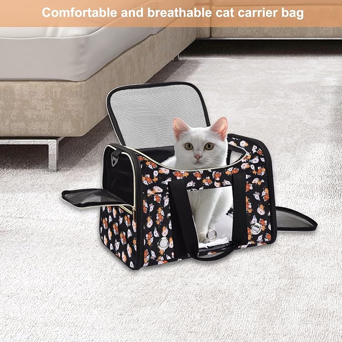 Petmolico Cat Carrier Soft-Sided Airline Approved, Large, Orange Flower | For small/medium cats & puppies up to 16 lbs, 3 open doors, travel-friendly pet bag