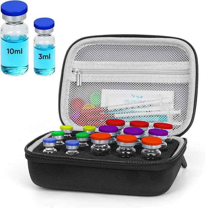 15Slot Peptide Case for Fridge & Insulin Travel Case for 3ml/5ml/10ml Vials | 15 Slot Adjustable Fits 3ml/5ml/10ml Peptide Vials, Dual-Layer Waterproof Oxford, Impact-resistant Foam, Portable Small Size