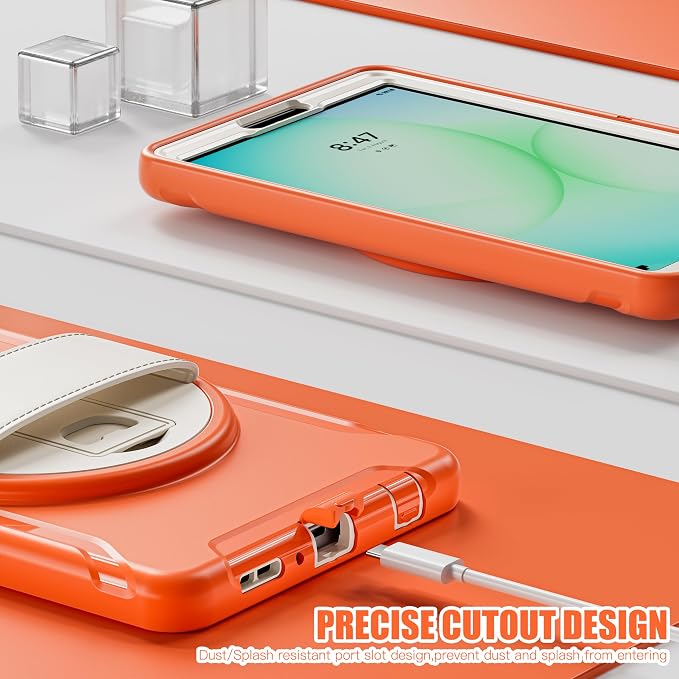 for Samsung Galaxy Tab A11 (2025) 8.7 inch Case 5G with Screen Protector, Hand Strap, Pen Holder & 360° Rotating Stand,Shockproof Protective Cover for SM-X130/X133/X135 (Orange)