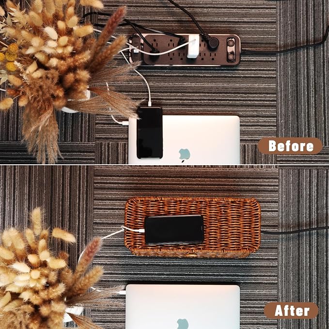 Cable Management Box, Cord Organizer with Lid & Cable Ties - Brown Small | Handmade Open Slots Cord Hider Outlet Covers for Power Strip TV PC Router Charger Under Desk Storage